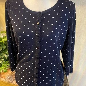 Talbot’s Cardigan Sweater Women’s Navy White Polka Dot 3/4 Sleeve Cotton Blend
